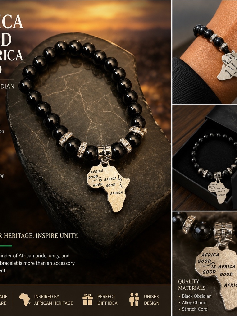 Elegant Black Beaded Bracelet with Africa Pendant